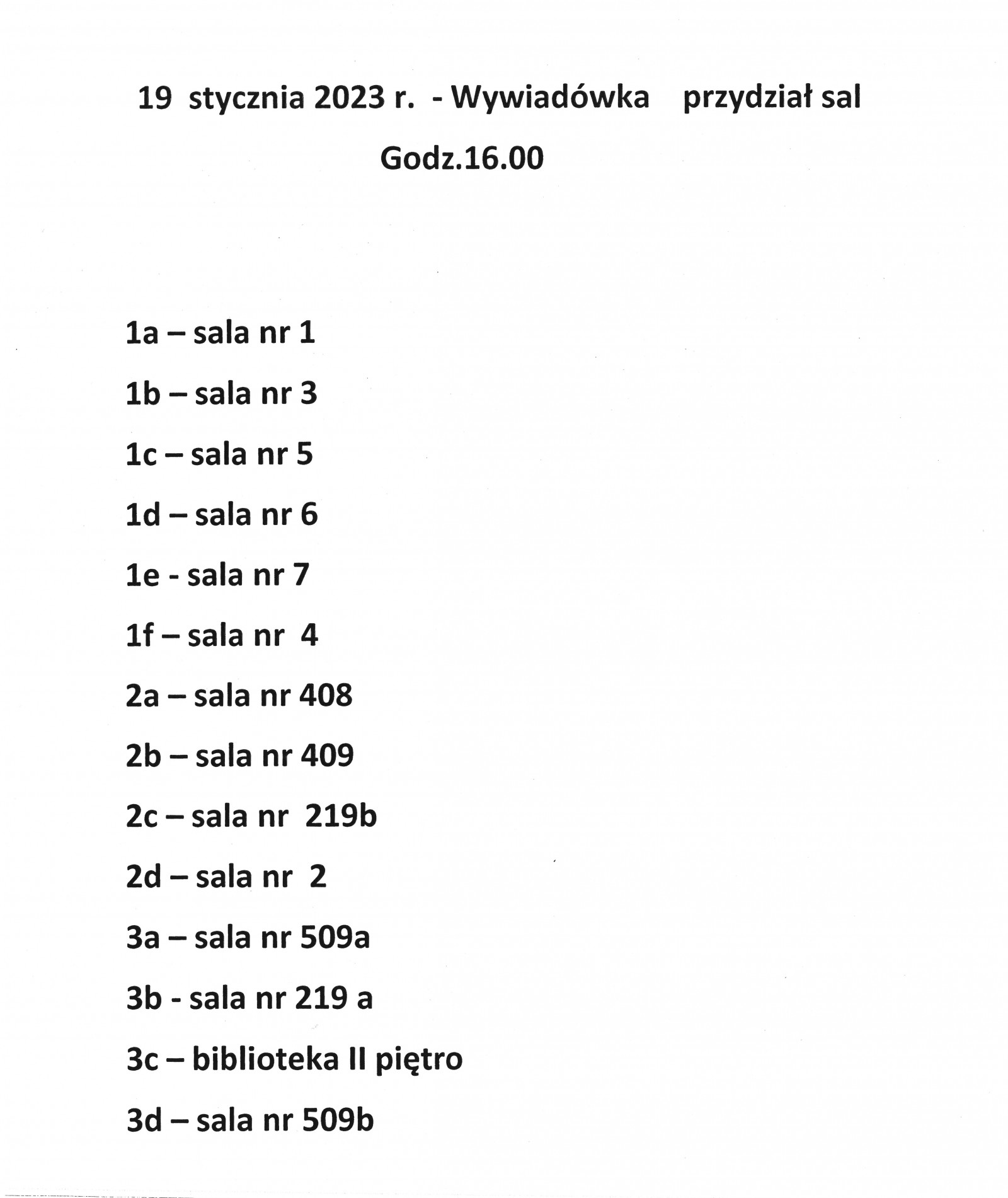 Przydział sal na spotkanie z rodzicami 19.01.2023