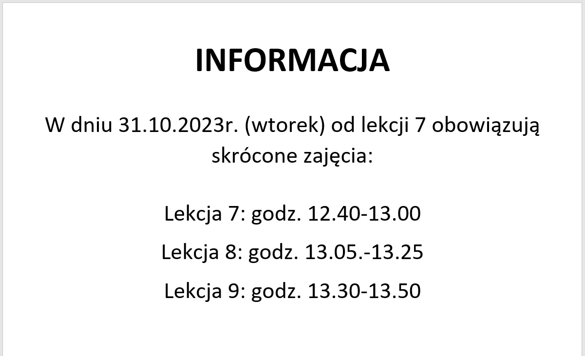 Informacja - skrócone lekcje w dniu 31.10.2023 r.