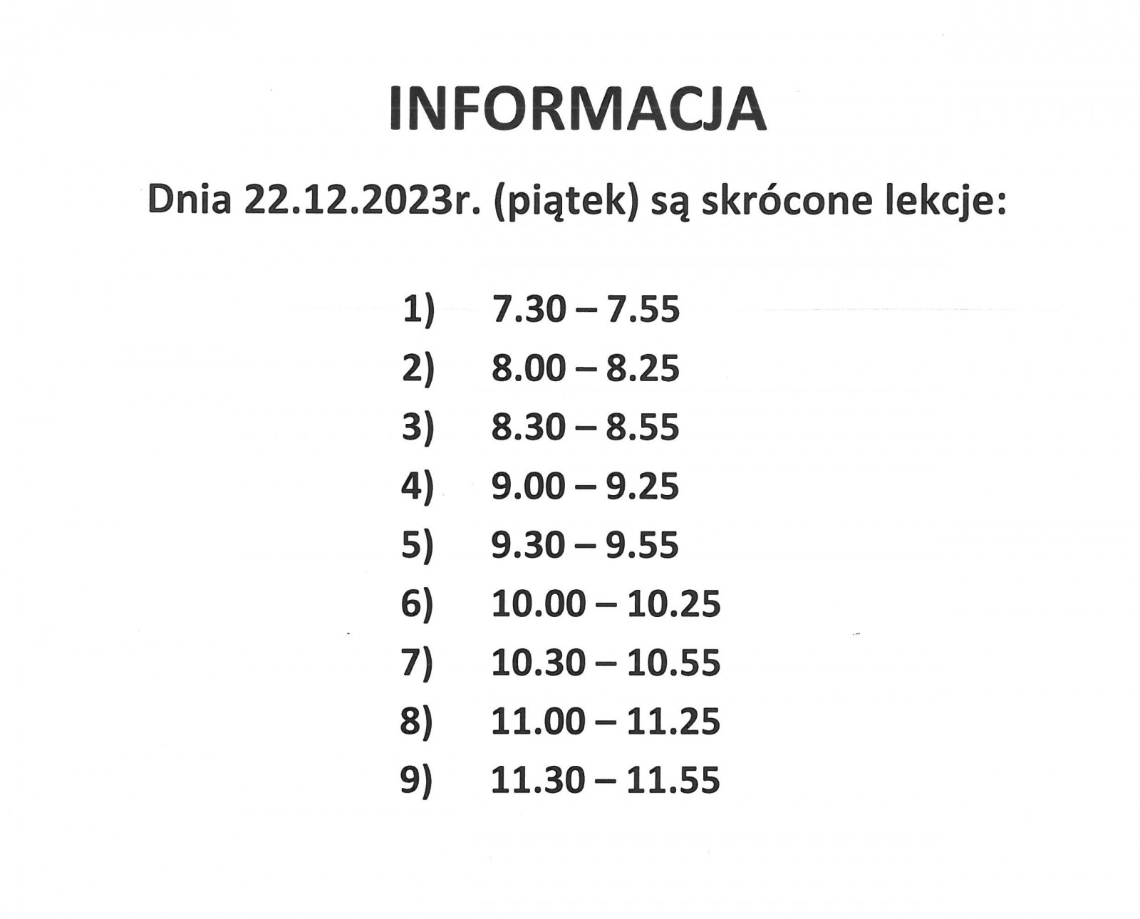 Skrócone lekcje w piątek 22.12.2023 r.