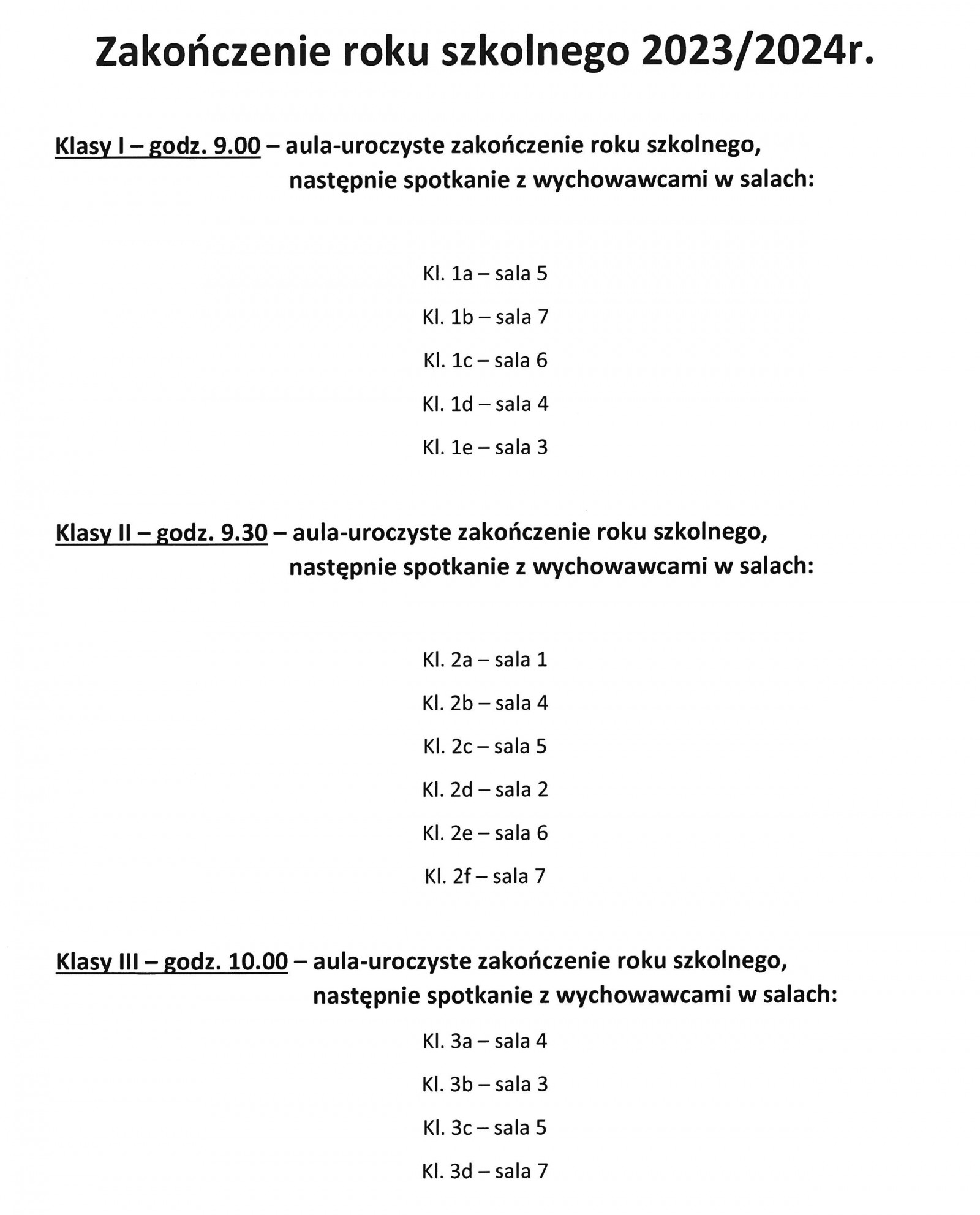 Harmonogram i podział sal na zakończenie roku szkolnego 2023/2024