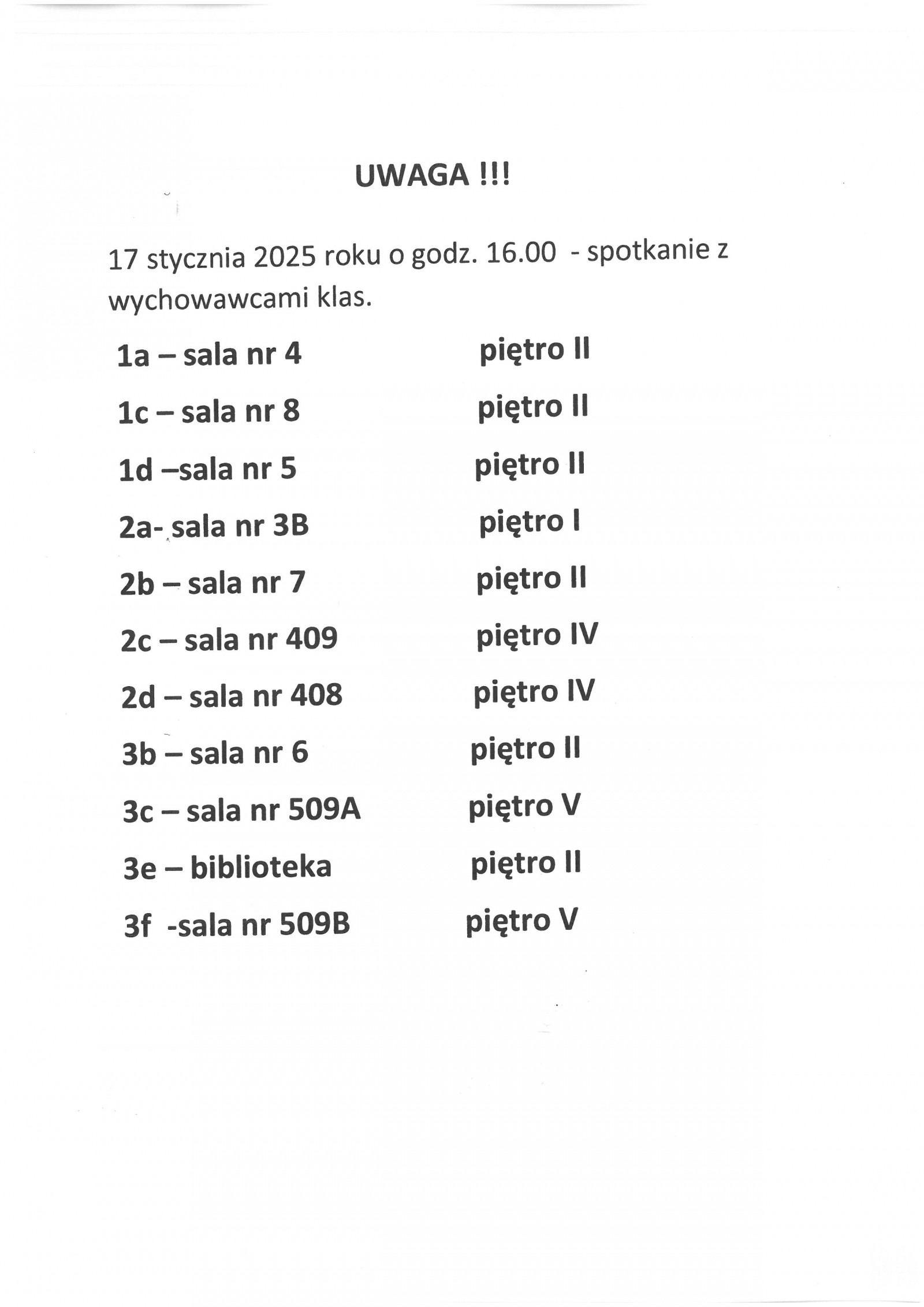 Harmonogram spotkań z wychowawcami klas w dniu 17.01.2025r.